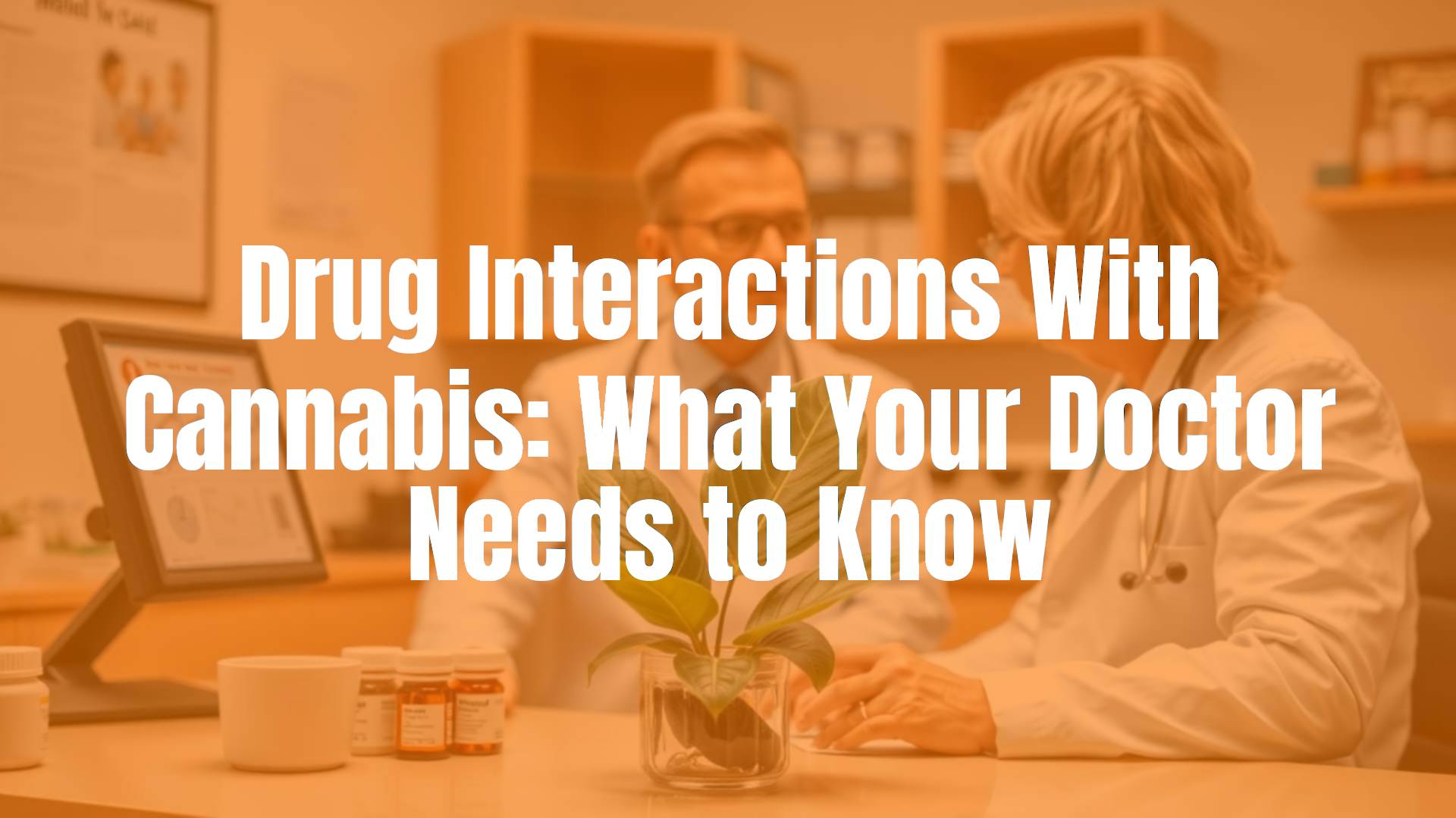 A doctor discussing cannabis with a patient, medical office setting, cannabis leaf and prescription bottles on desk, professional and informative atmosphere, realistic style.