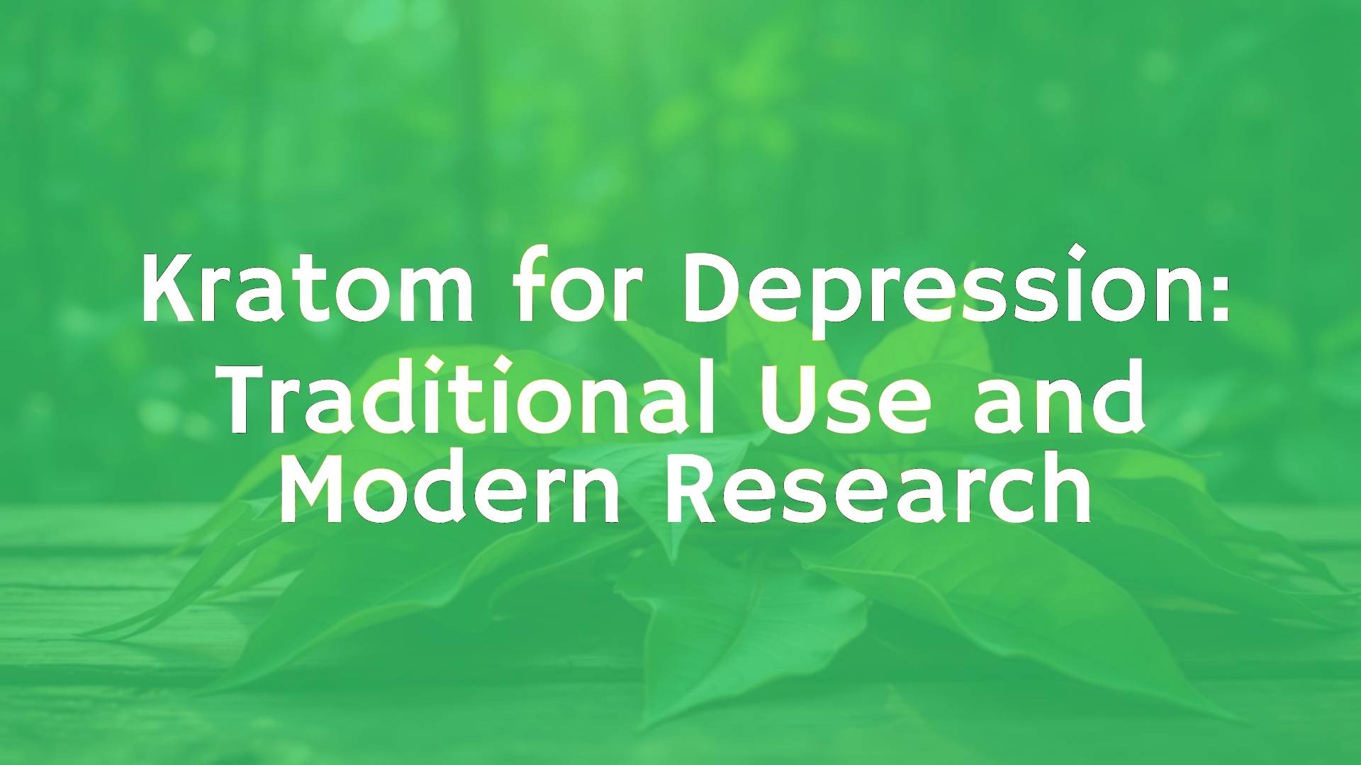Fresh kratom leaves on a wooden table, warm natural lighting, with a subtle blurred background of Southeast Asian forest, realistic.