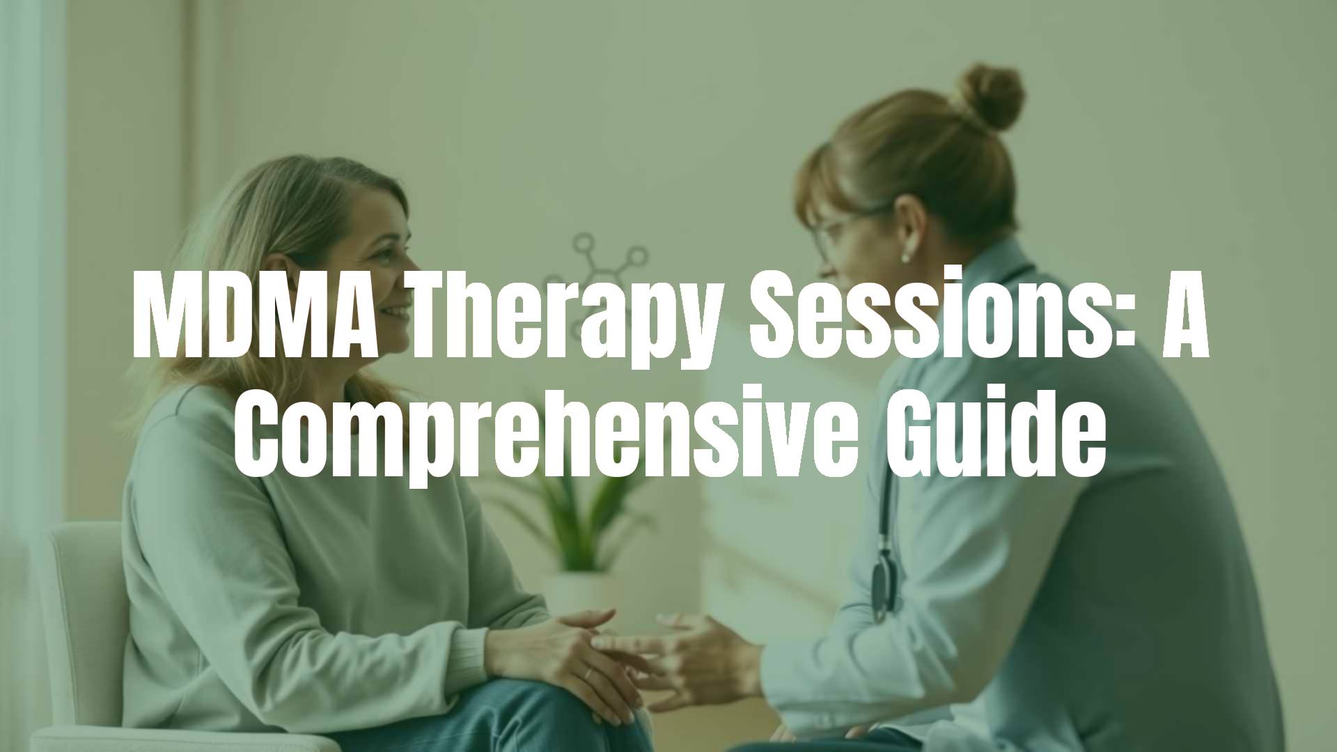 A professional therapy session with a patient and therapist in a calm, clinical setting, MDMA molecule illustration subtly in the background, warm and hopeful lighting, realistic style.