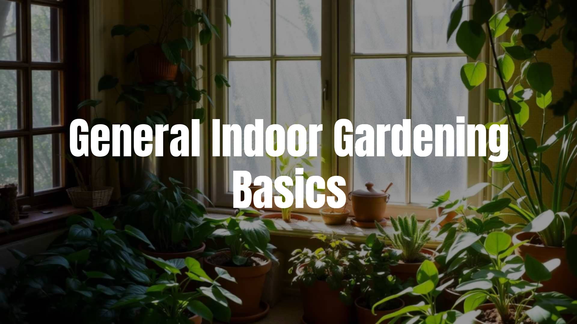 Indoor garden with potted plants, sunlight through window, earthy tones, cozy and realistic.
