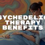 Psychedelic therapy session, patient lying down with eyeshade, therapist nearby, colorful abstract swirls in the background, warm and calming atmosphere, semi-realistic style.