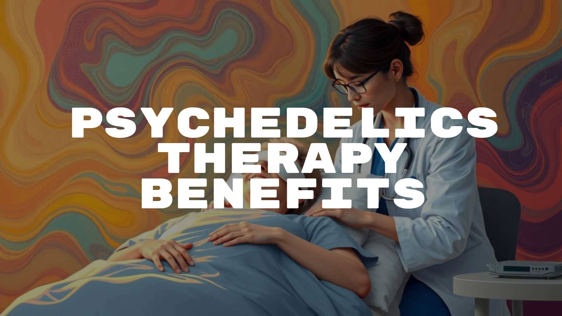 Psychedelic therapy session, patient lying down with eyeshade, therapist nearby, colorful abstract swirls in the background, warm and calming atmosphere, semi-realistic style.