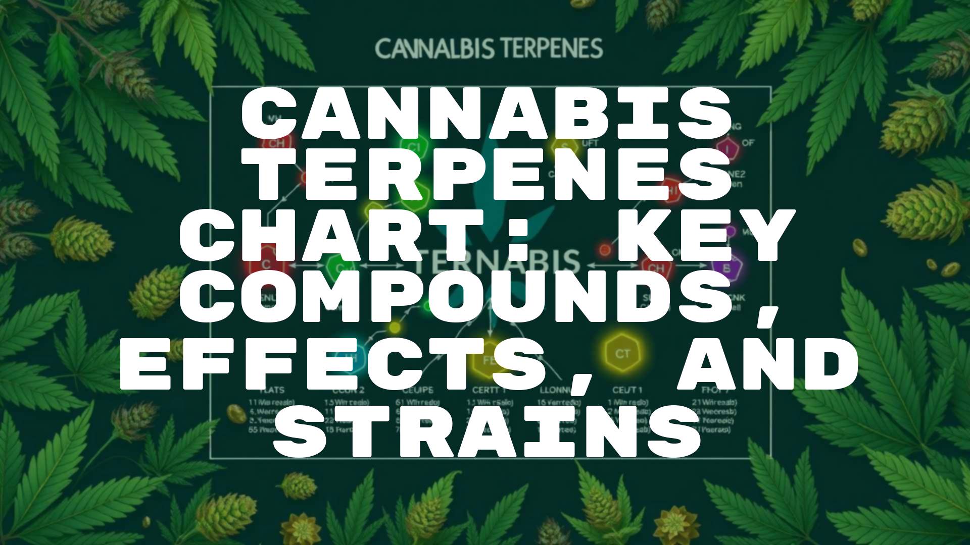 A detailed cannabis terpenes chart with colorful molecular structures, surrounded by various cannabis strains, scientific and educational vibe, illustrative style.