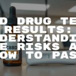 A drug test kit with CBD oil bottle nearby, modern office setting, clean and professional, realistic.