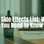 CBD oil bottle on a wooden table with a list of side effects written on a notepad next to it, natural light, soft focus, calming colors, realistic style.