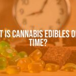 Cannabis gummies and brownies on a table, with a clock in the background showing 30-90 minutes, realistic.