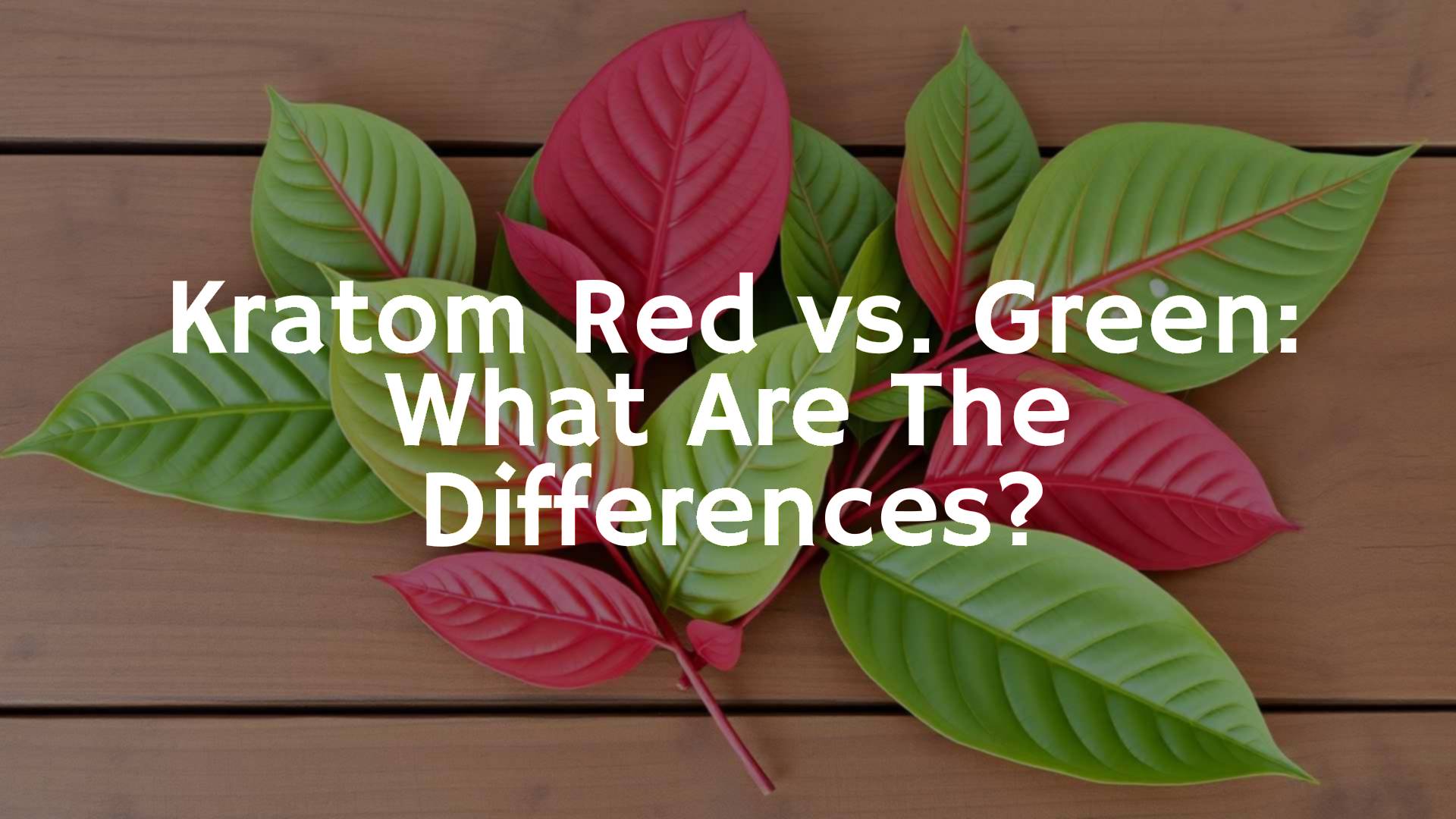 Fresh kratom leaves on a wooden table, showcasing red and green vein varieties side by side, natural lighting, realistic style.