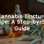 A glass dropper bottle filled with amber cannabis tincture, placed on a wooden table with fresh cannabis leaves and a small jar of alcohol nearby, warm natural lighting, realistic.